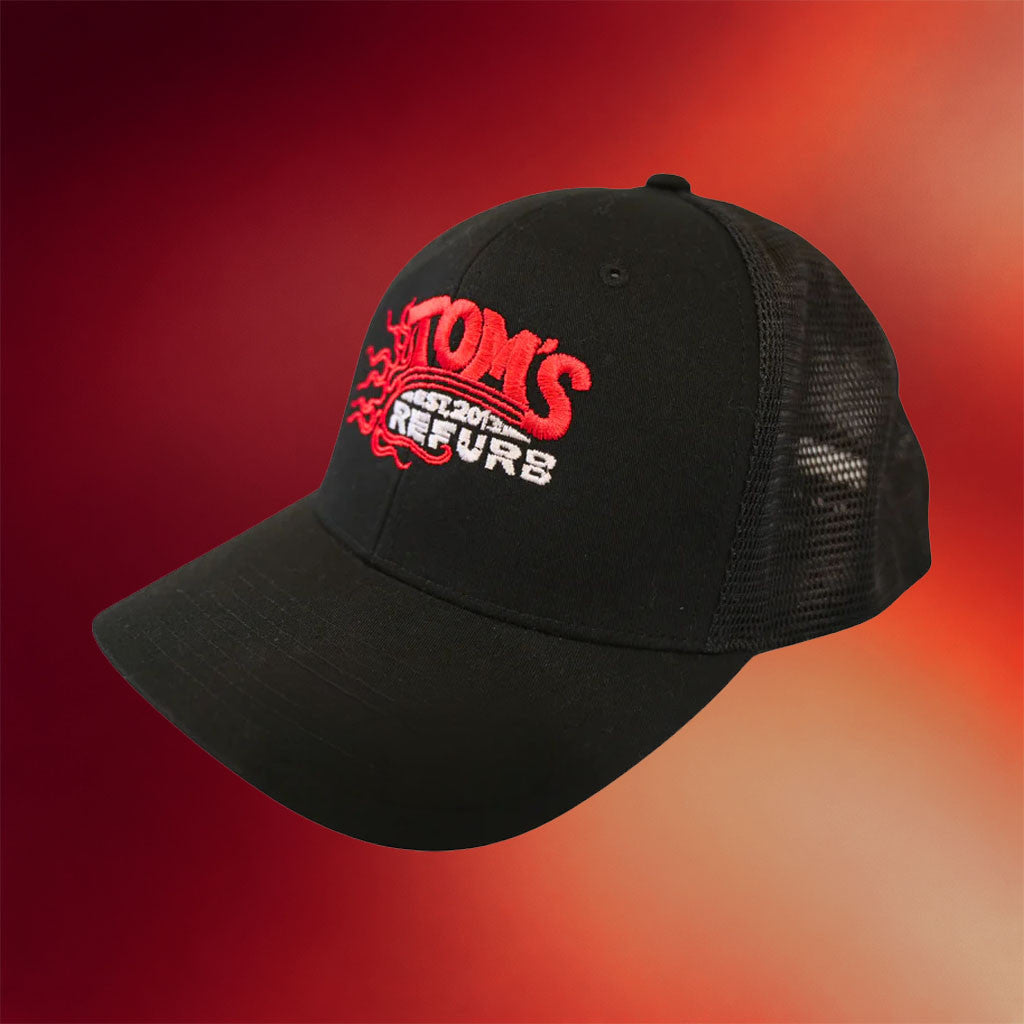 Tom's Refurb Merch 2026 Black Tom's Refurb Trucker Hat Embroidered Gift For Brothers - Merchluma
