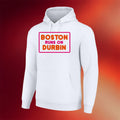 Dunkin Runs On Merch 2026 Boston Runs On Durbin Dunkin Political Parody Hoodie White - Merchluma