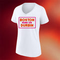 Dunkin Runs On Merch 2026 Boston Runs On Durbin Dunkin Political Parody V-Neck Shirt Women's - Merchluma