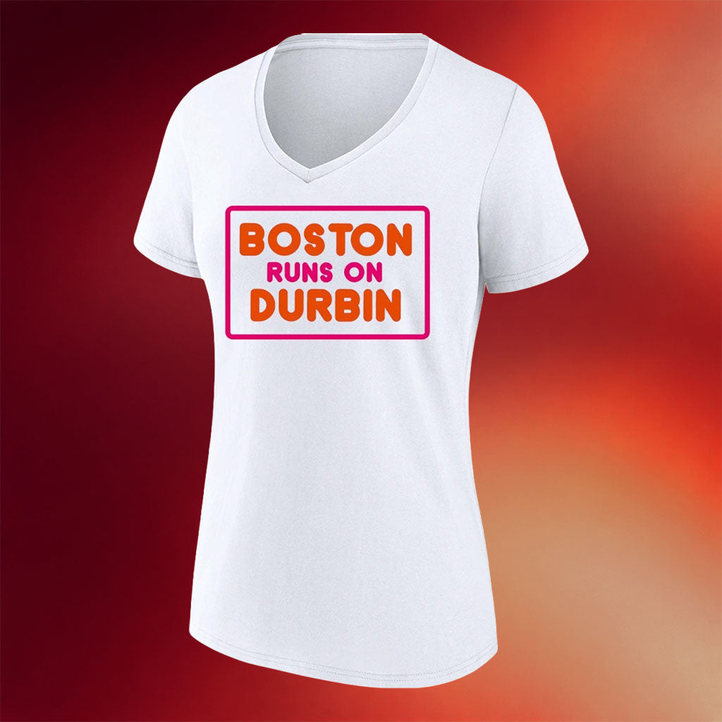 Dunkin Runs On Merch 2026 Boston Runs On Durbin Dunkin Political Parody V-Neck Shirt Women's - Merchluma