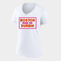 Dunkin Runs On Merch 2026 Boston Runs On Durbin Dunkin Political Parody V-Neck Shirt Women's - Merchluma