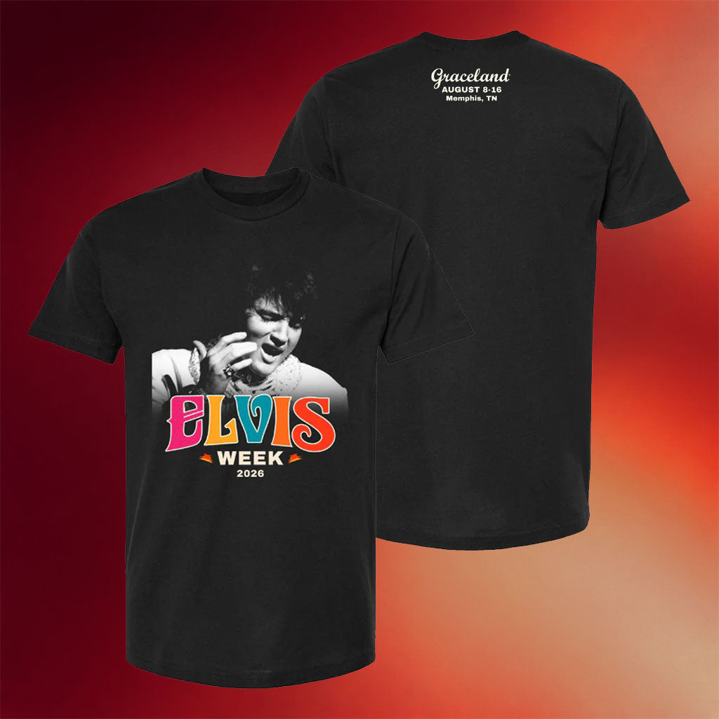 Graceland Merch 2026 Elvis Week T-Shirt Black Elvis Presley Merch Gifts For Music Lovers - Merchluma