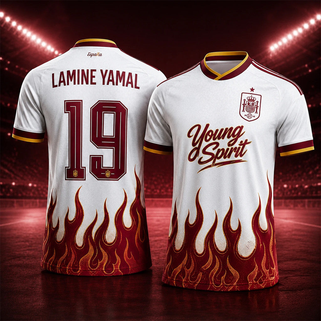 Lamine Yamal 19 Young Spirit Flames Soccer V-Neck Shirt Spain Merch Gift For Football Fans - Merchluma