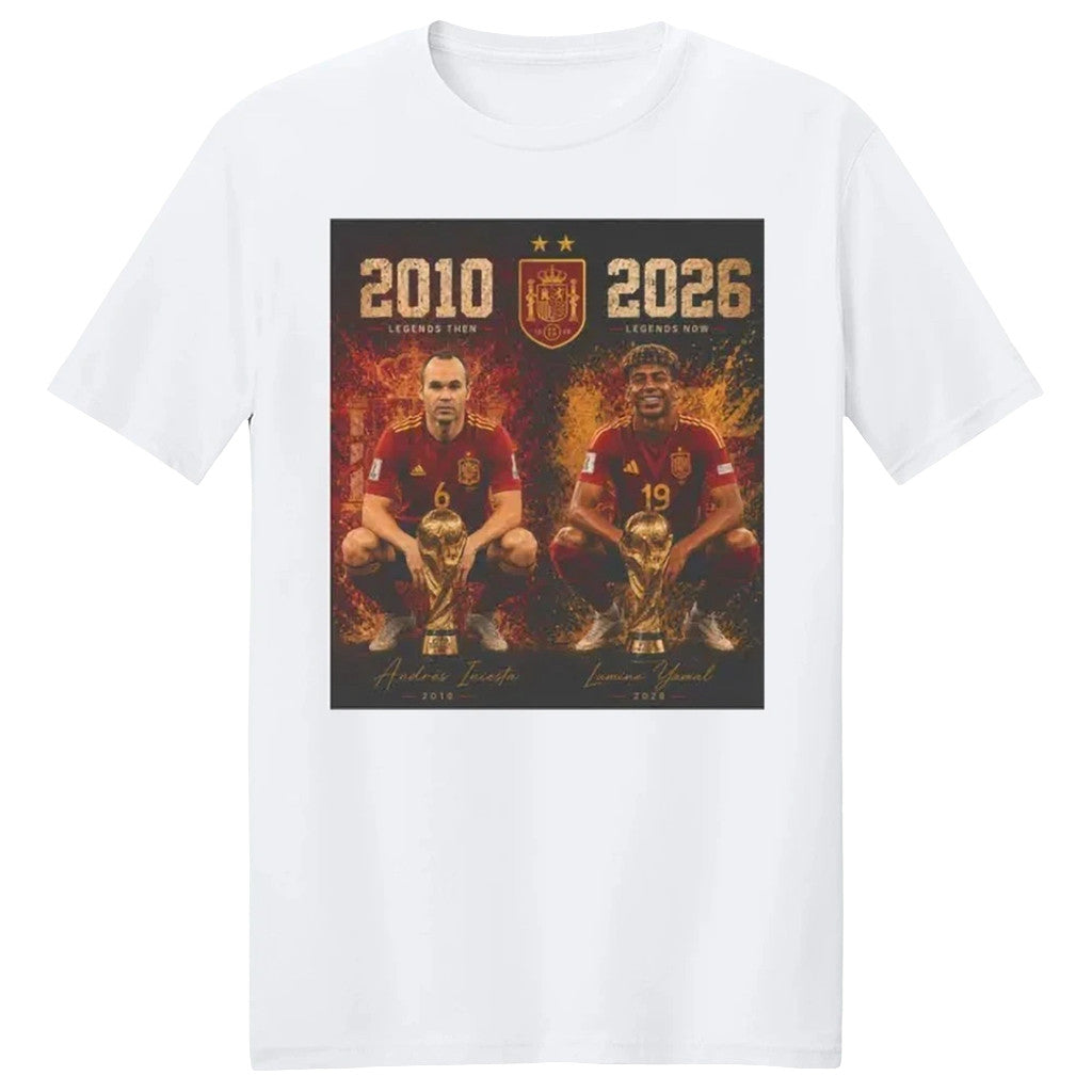 Spain World Cup Champions Merch Spain 2010 2026 Andres Iniesta And Lamine Yamal Legends T-Shirt - Merchluma