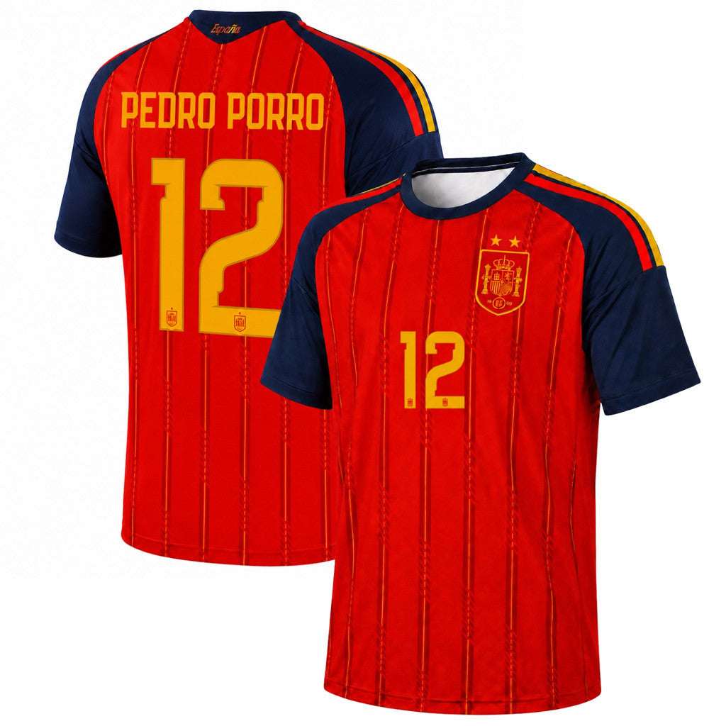 Pedro Porro Jersey Shirt Spain 2-Star World Cup Champions 2026 Merch #12 Home Jersey Fan Merch - Merchluma