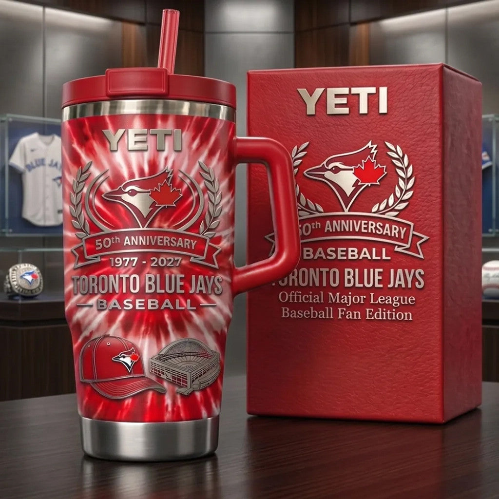 Toronto Blue Jays Merch 50th Anniversary Tie Dye YETI Stanley Tumbler Birthday Gift Ideas - Merchluma