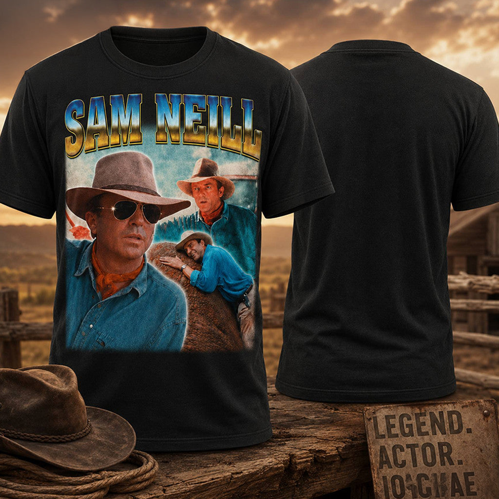 Sam Neill Vintage Movie Characters Tribute Black T-Shirt Film Legend Memorial Graphic Shirt - Merchluma
