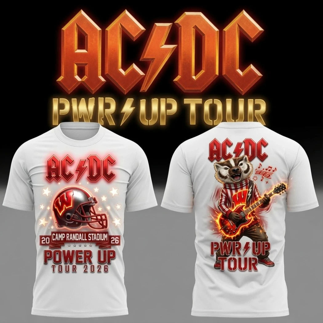 AC DC X Wisconsin Badgers Merch ACDC Power Up Tour 2026 T-Shirt Badger Mascot Guitar Shirt White - Merchluma