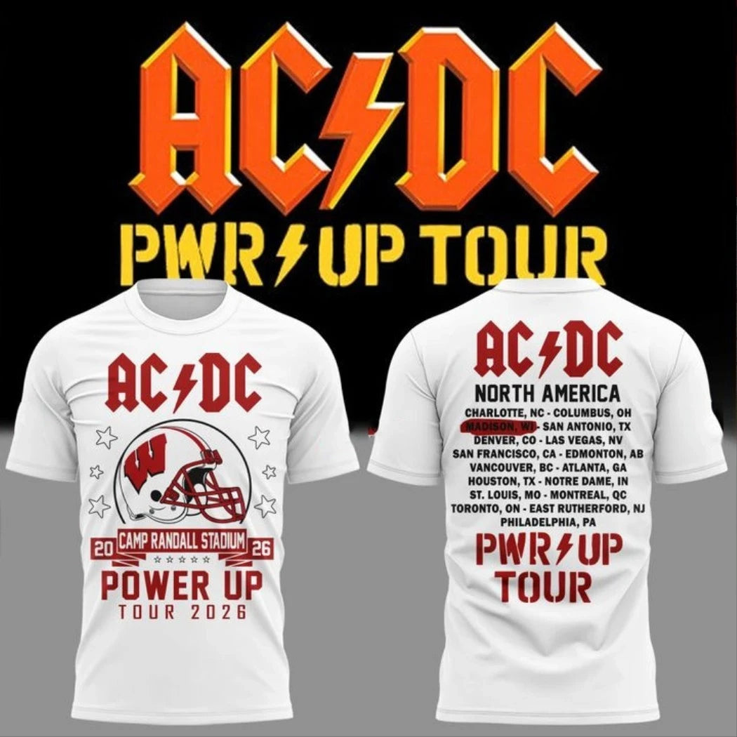 ACDC X Wisconsin Badgers Merch 2026 ACDC Power Up Tour Dates T-Shirt White ACDC Concert Merch - Merchluma