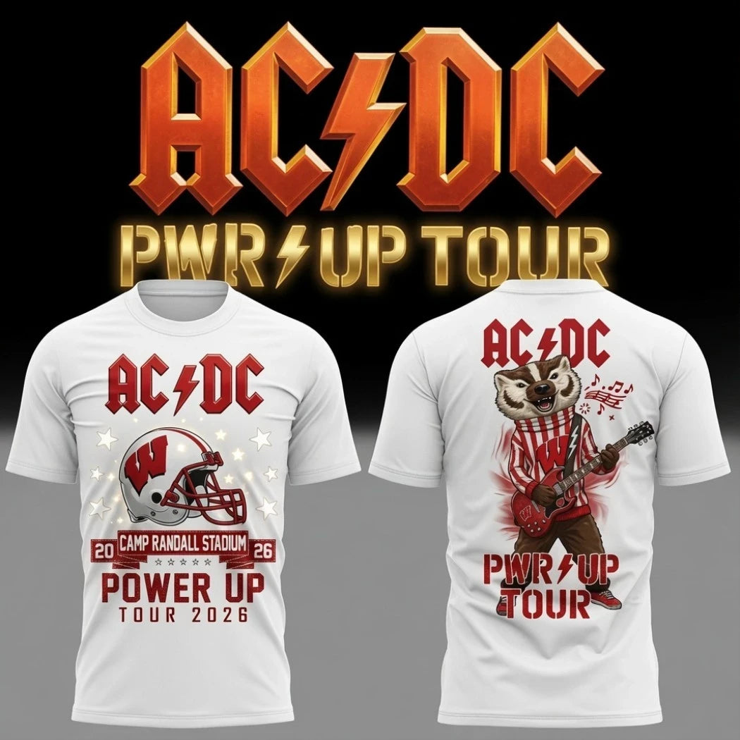 ACDC X Wisconsin Badgers Merch Bucky Badger Mascot Power Up Tour 2026 T-Shirt White Fan Gear - Merchluma