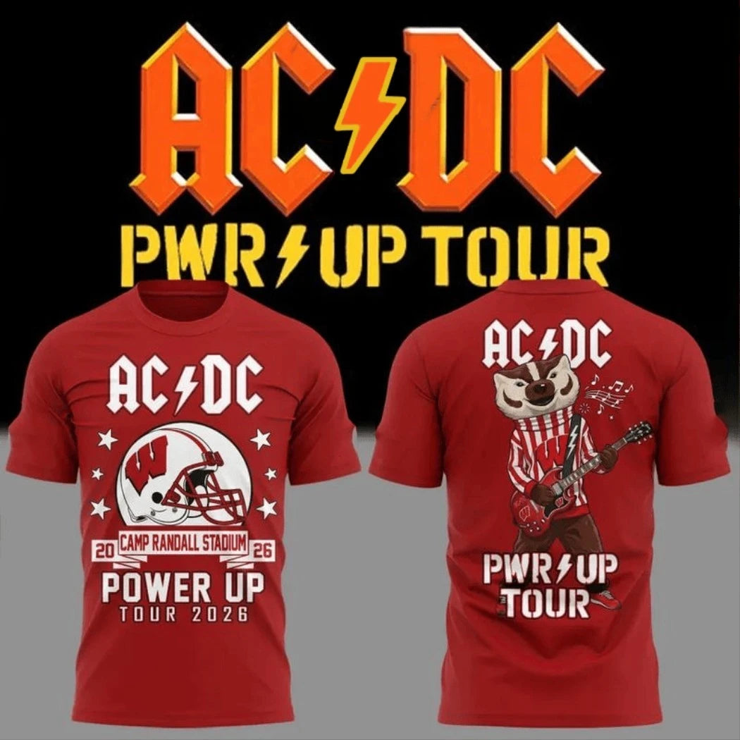 ACDC X Wisconsin Badgers Merch Bucky Badger Camp Randall Power Up Tour 2026 T-Shirt Fan Apparel - Merchluma