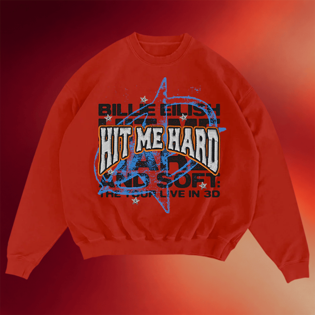 Billie Eilish Merch 2026 Hit Me Hard And Soft Live In 3D Star Red Crewneck Sweatshirt Fan Gifts - Merchluma