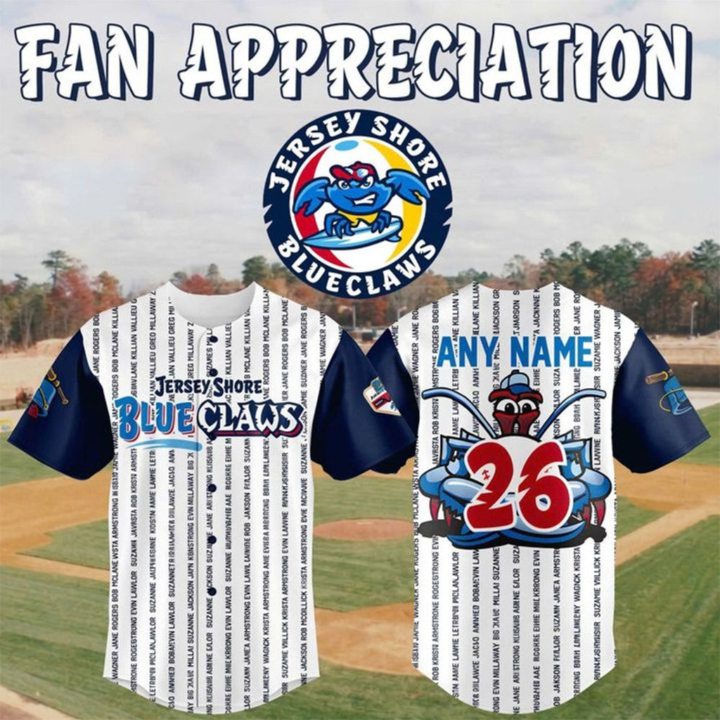 Personalized Jersey Shore Blueclaws X Fan Appreciation Typography 2026 Jersey Blueclaws Merch - Merchluma