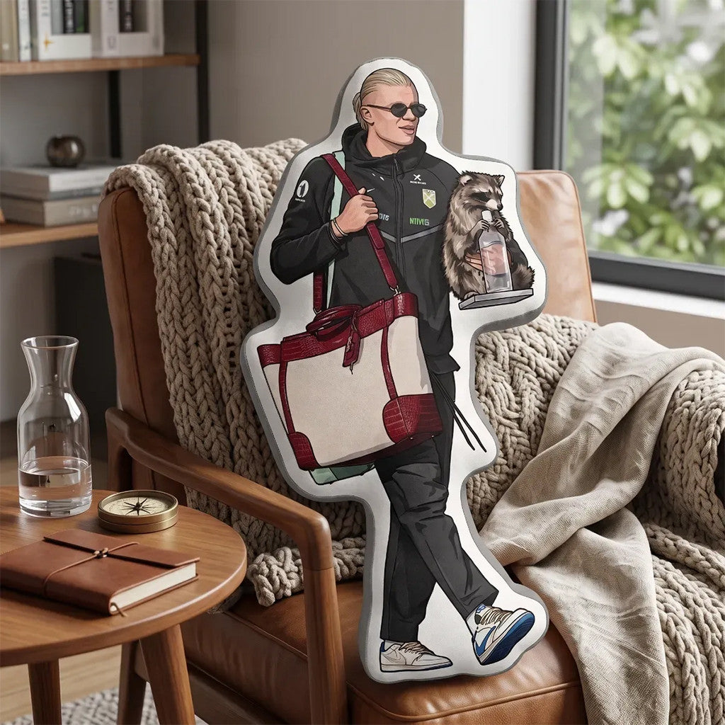 Erling Haaland With Wine Raccoon At The Airport Plush Pillow Erling Haaland Merch Funny Gifts - Merchluma