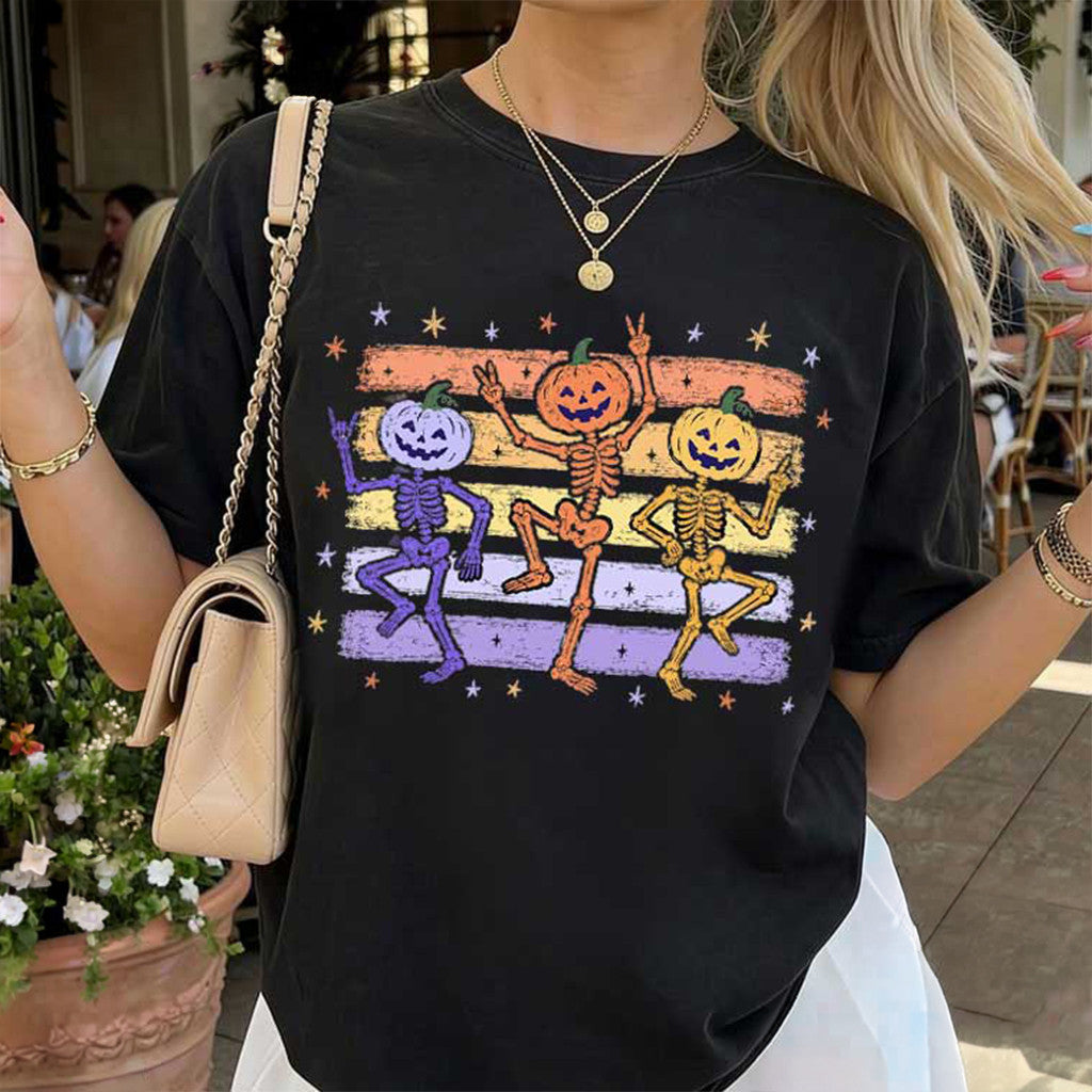 Preppy Pumpkin Skeleton Striped Halloween Autumn T-Shirt Funny Dancing Skeleton Shirt Best Gift - Merchluma