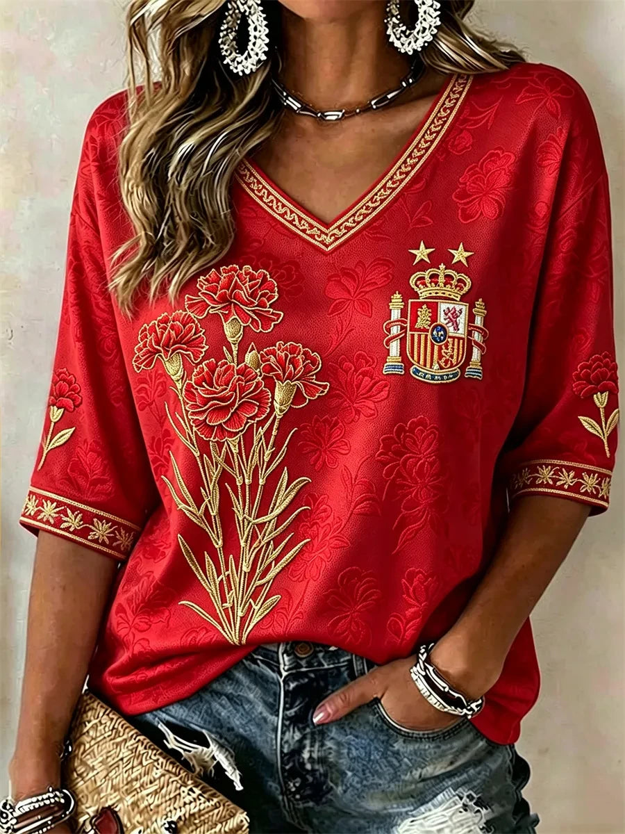 Spain World Cup 2026 Champions Merch Spain Champion Carnation Flowers Crop Sleeves V-Neck Shirt - Merchluma