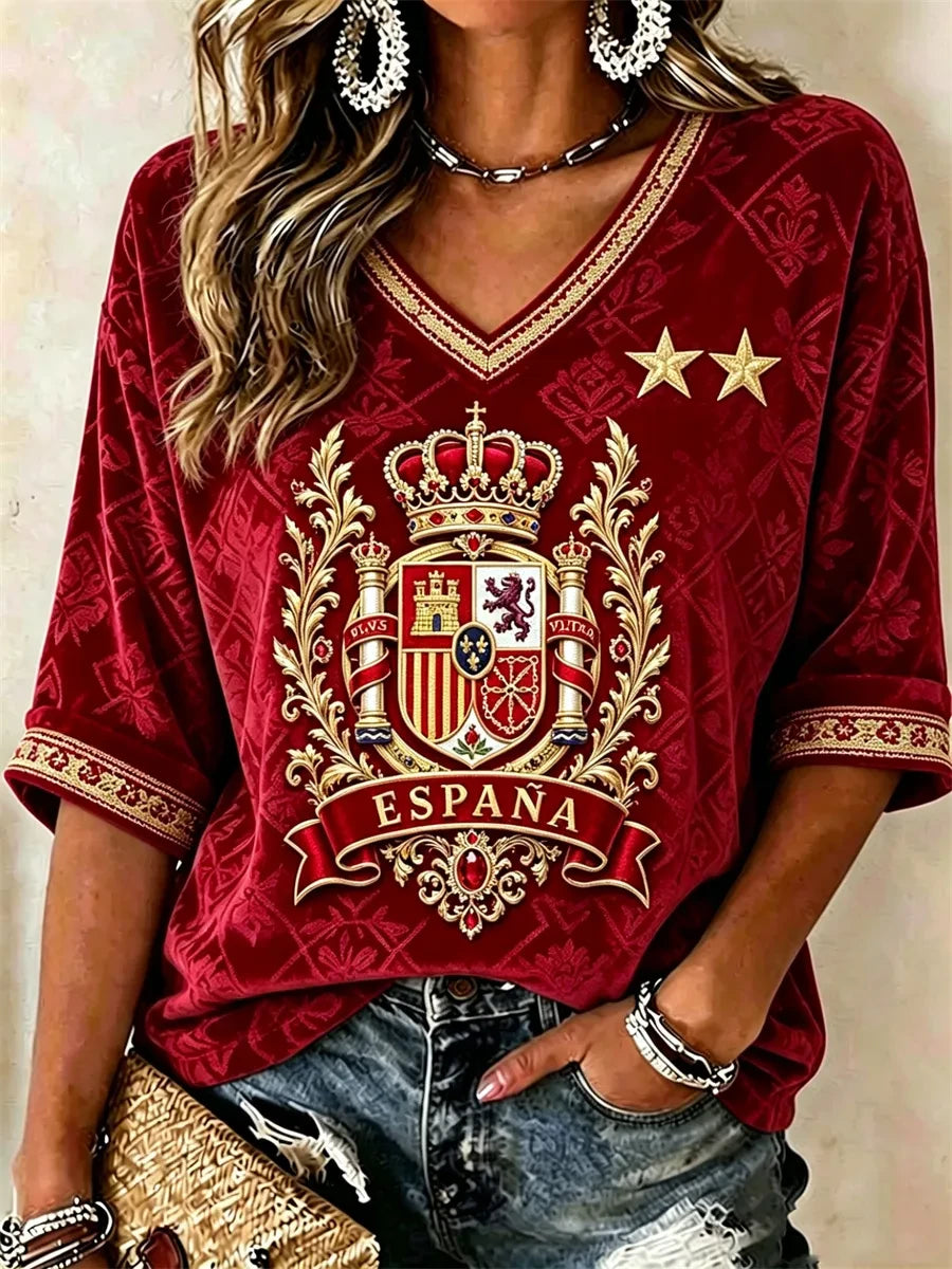 Spain World Cup 2026 Champions Merch Spain Champion Classy Ethnic Crop Sleeves V-Neck T-Shirt - Merchluma