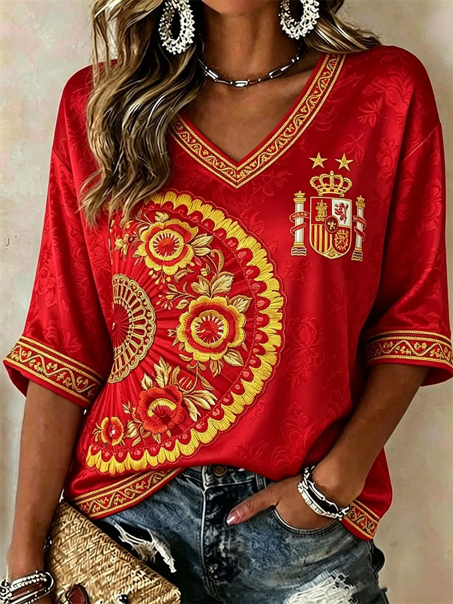 Spain World Cup 2026 Champions Merch Spain Champion Floral Crop Sleeves V-Neck Shirt Wife Gifts - Merchluma