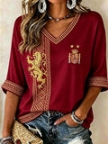 Spain World Cup 2026 Champions Merch Spain Champion Lion Ethnic Crop Sleeves V-Neck Shirt Women - Merchluma