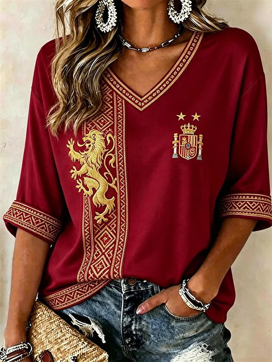 Spain World Cup 2026 Champions Merch Spain Champion Lion Ethnic Crop Sleeves V-Neck Shirt Women - Merchluma