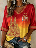 Spain World Cup 2026 Champions Merch Spain Champion Sagrada FamIlia Crop Sleeves V-Neck T-Shirt - Merchluma