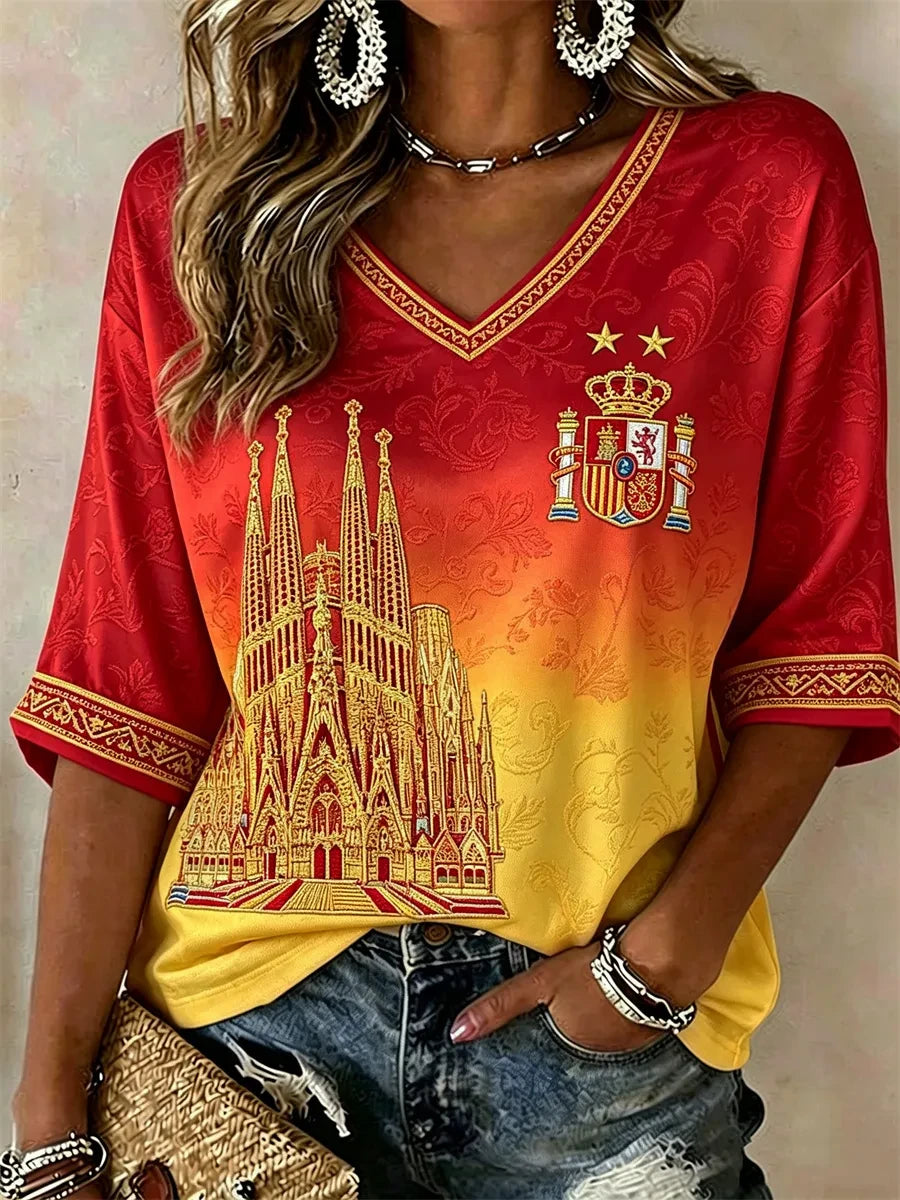 Spain World Cup 2026 Champions Merch Spain Champion Sagrada FamIlia Crop Sleeves V-Neck T-Shirt - Merchluma