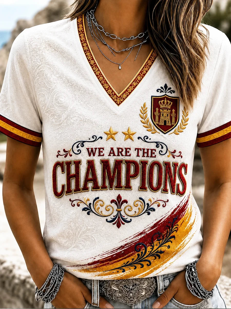 Spain World Cup 2026 Champions Merch We Are The Champions V-Neck Shirt Best Gifts For Her - Merchluma