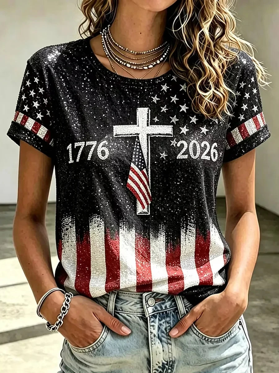 1776 Cross 2026 American Flag T-Shirt 250 Years Of Freedom Merch USA Liberty Birthday Gift - Merchluma