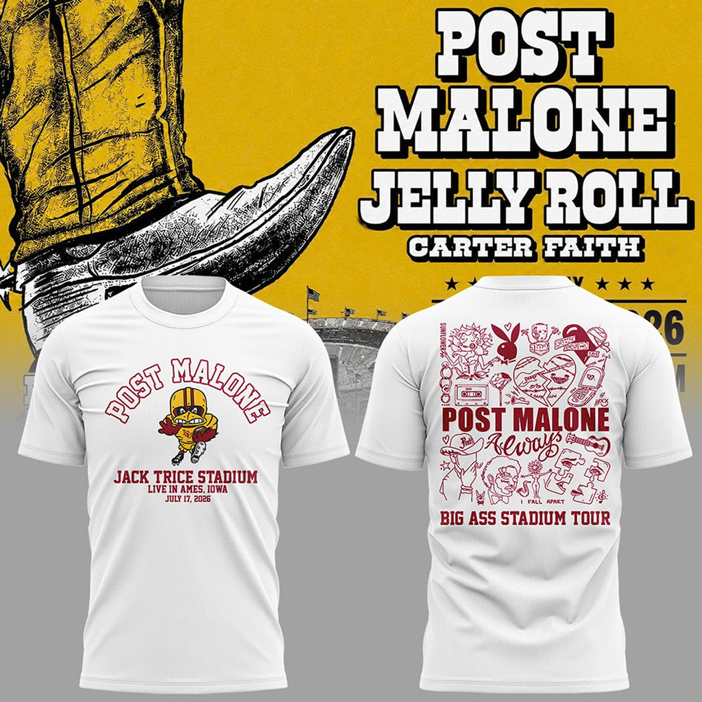 Post Malone X Iowa State Cyclones Merch Big Ass Stadium Tour 2026 T-Shirt Concert Outfits - Merchluma