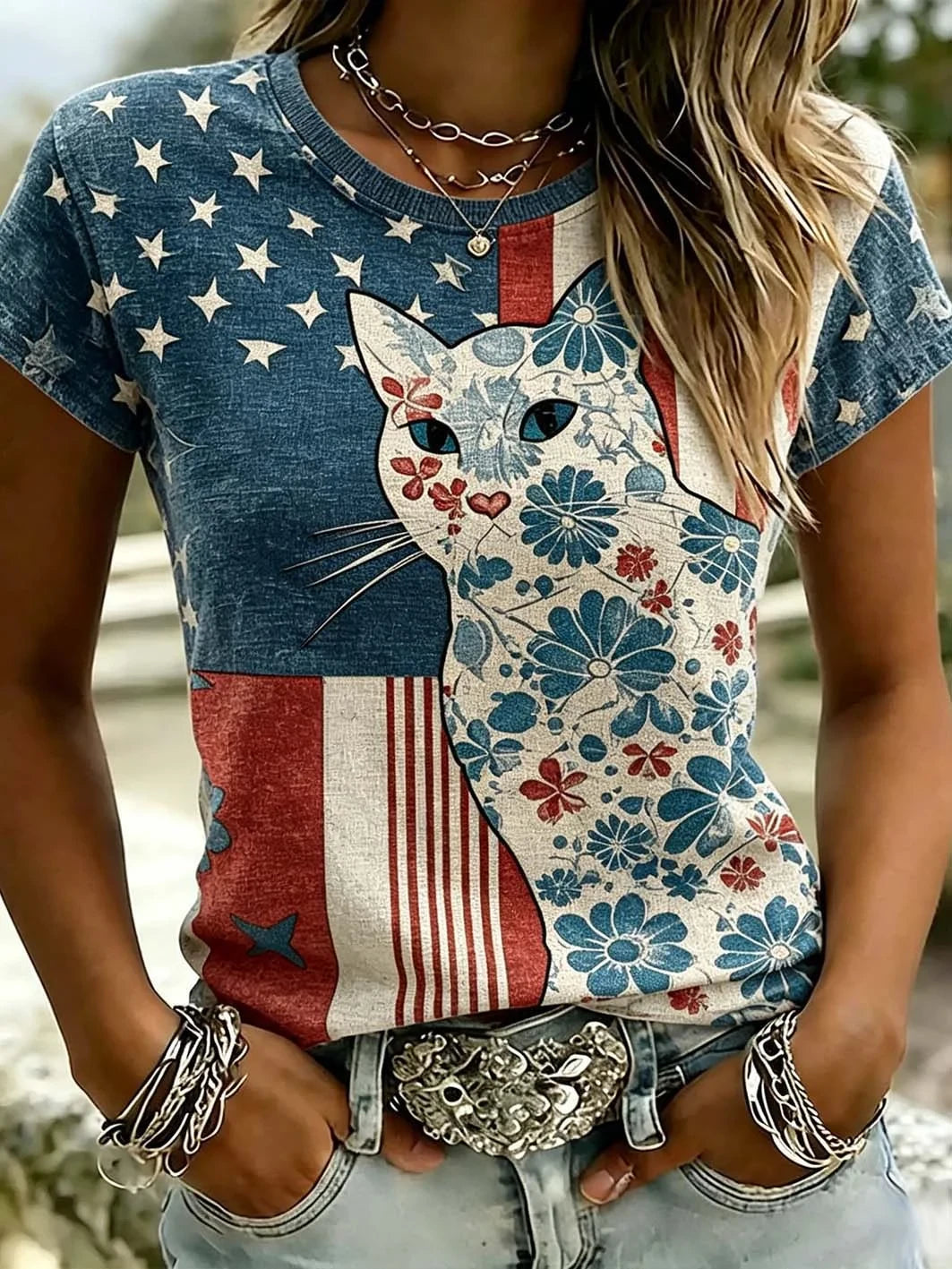 American Flag Patriotic Flower Cat T-Shirt 4Th Of July Merch Independence Day Celebrate Gift - Merchluma