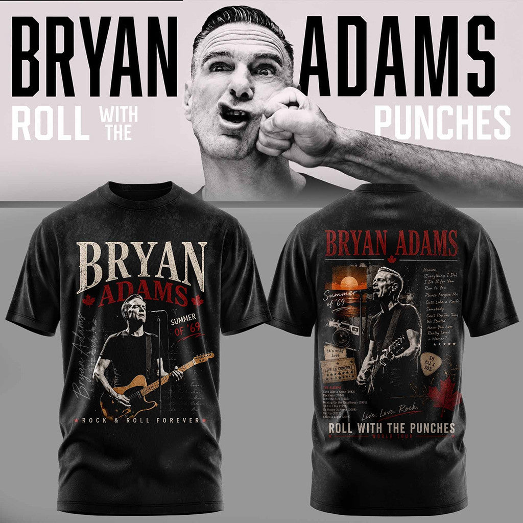 Bryan Adams Merch 2026 Roll With The Punches Tour T-Shirt Rock N Roll Forever Shirt Fan Gear - Merchluma