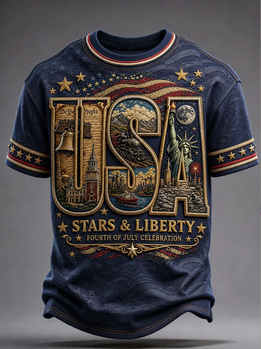 USA Stars Liberty T-Shirt Fourth Of July Celebration Merch Perfect Proud Patriot Gift - Merchluma