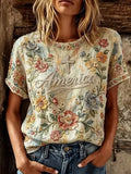 America Cross Flower T-Shirt 1776 2026 Patriotic Merch Gift For Her - Merchluma