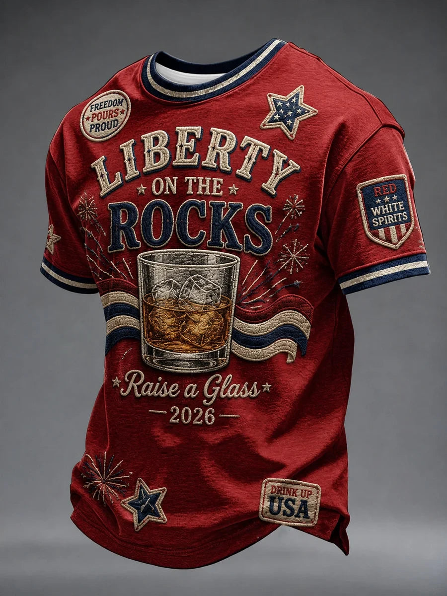 Liberty On The Rocks T-Shirt Raise A Glass 2026 Merch American Freedom Veteran Gift - Merchluma