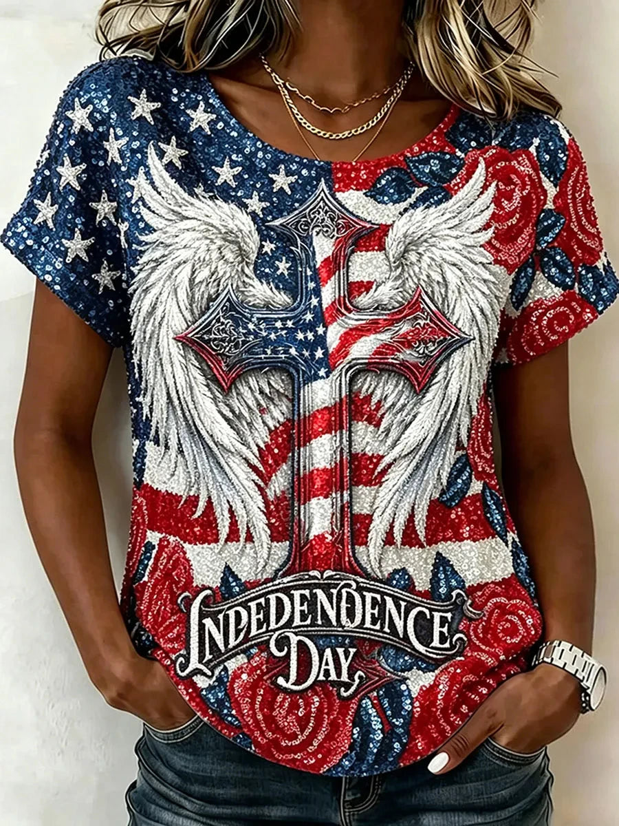 Independence Day Cross Wings T-Shirt USA 1776 2026 American Merch America Patriotic Holiday Gift - Merchluma