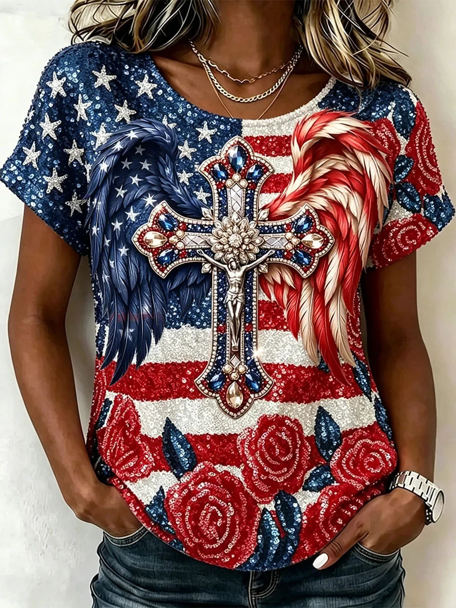 One Nation Under God USA Cross T-Shirt USA 1776 2026 American Flag Merch Proud Christian Gift - Merchluma