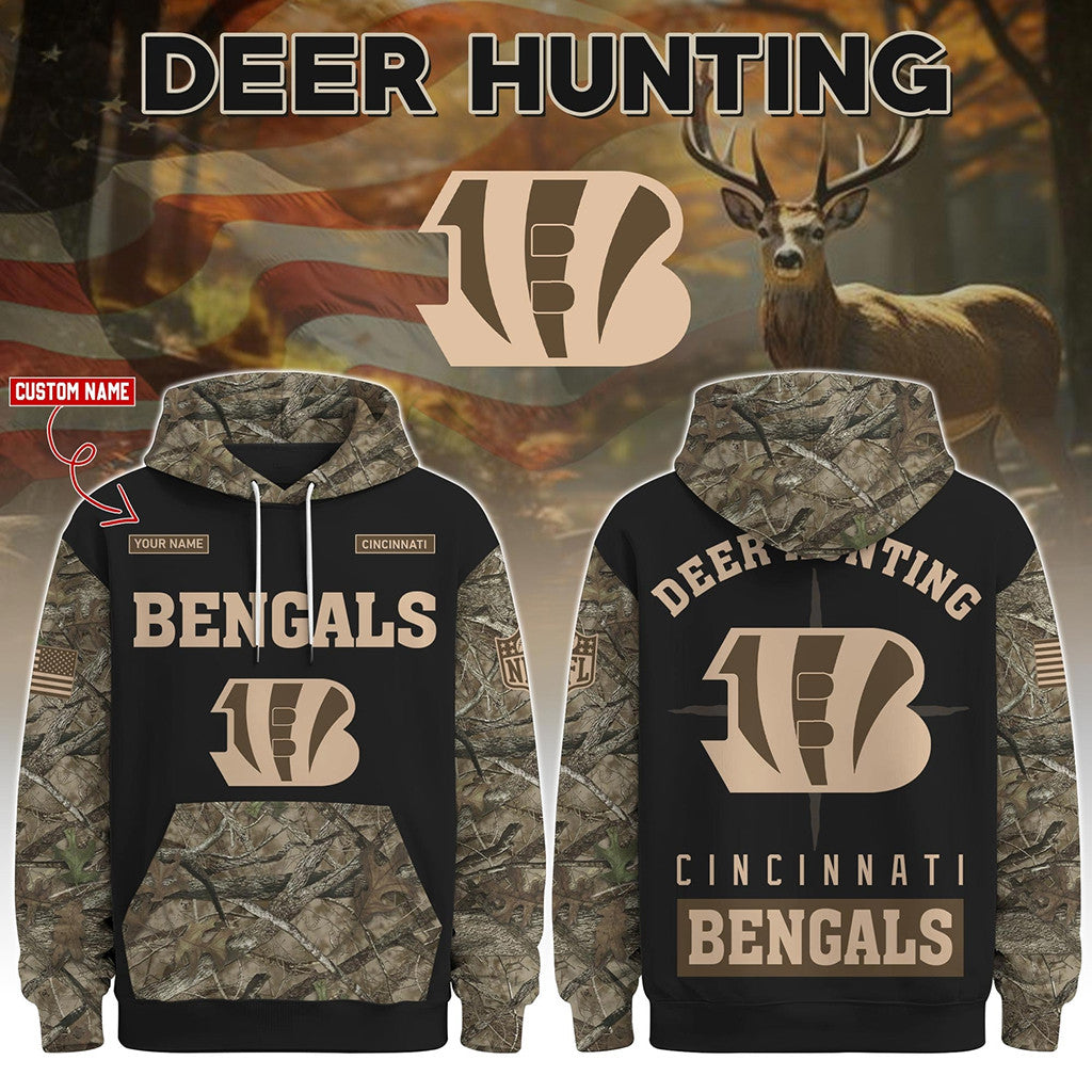 Custom Cincinnati Bengals Deer Hunting Hoodie 2026 Bengals Merch Hunter Gift For Football Lover - Merchluma