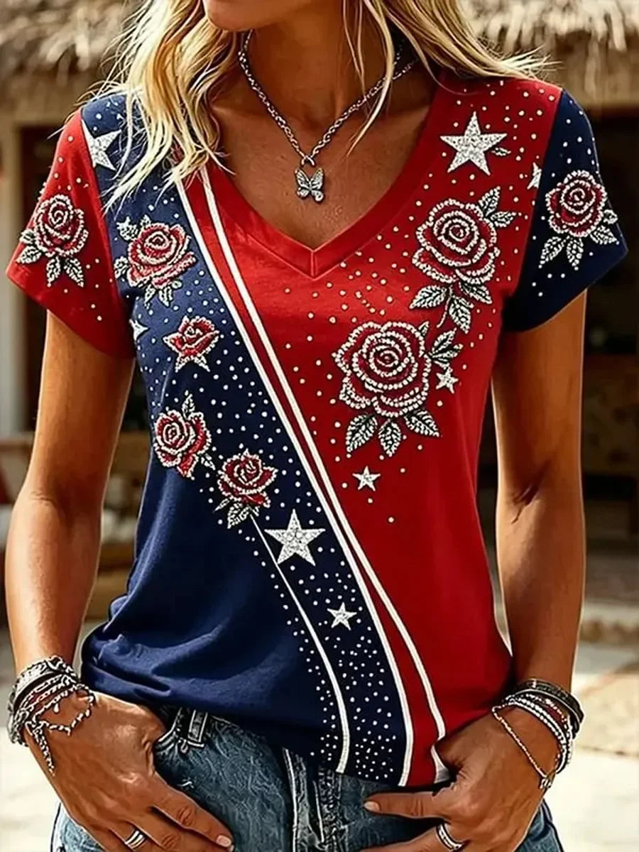 4th Of July Independence Day V-Neck Shirt America Floral Merch Presents Ideas - Merchluma