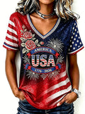 USA 1776 2026 Classy V-Neck Shirt Roses American Flag Clothes Minimalist Gifts For Fans - Merchluma