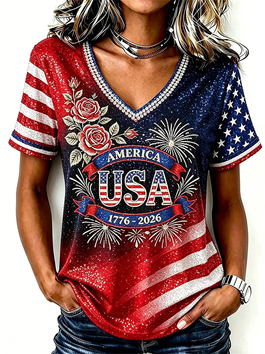 USA 1776 2026 Classy V-Neck Shirt Roses American Flag Clothes Minimalist Gifts For Fans - Merchluma
