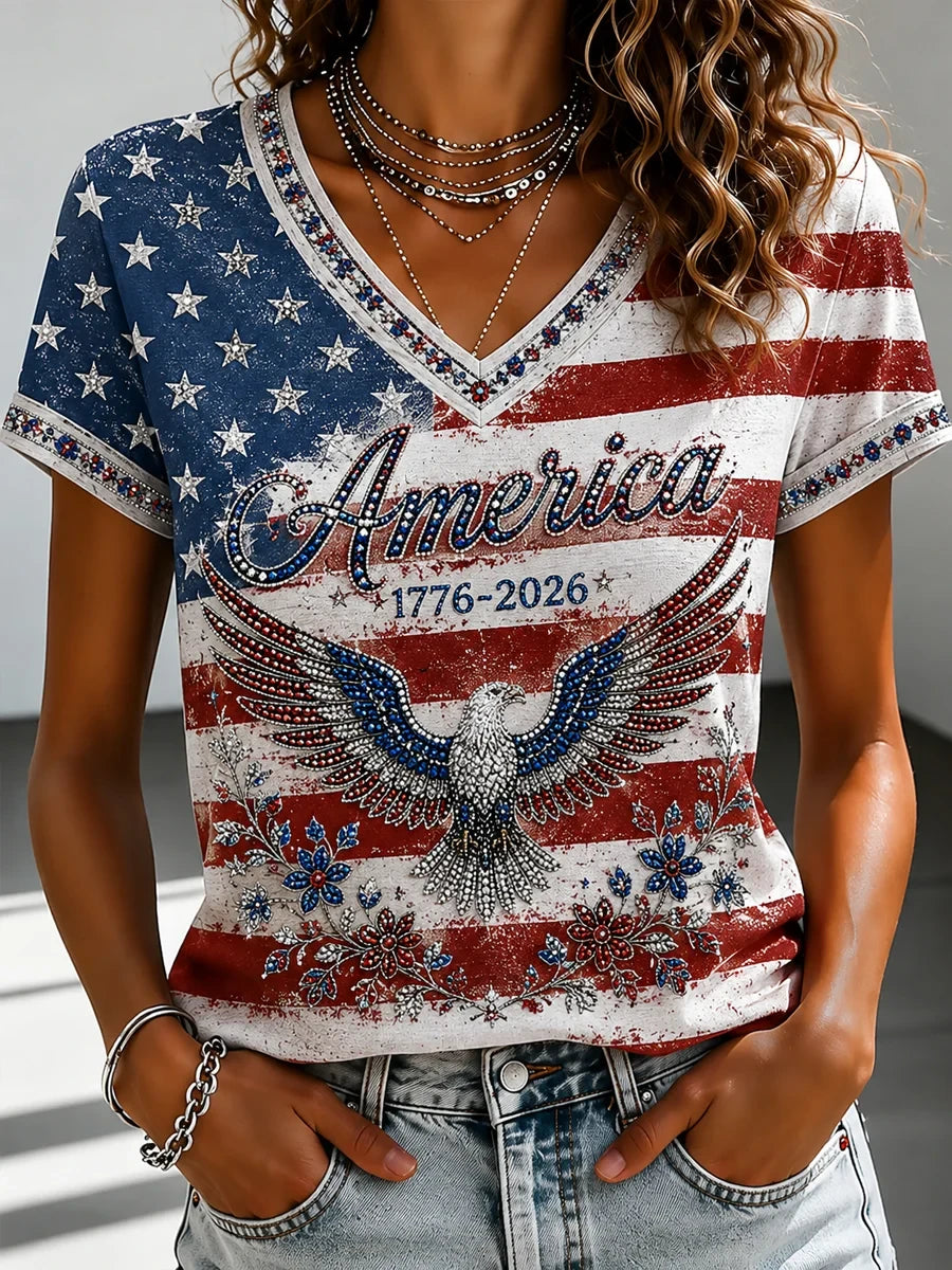America 250th Anniversary 1776 2026 V-Neck Shirt Independence Day Merch 4th Of July Women Gift - Merchluma
