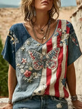 America 250th Anniversary 1776 2026 V-Neck Shirt Independence Day America Floral Merch Gift - Merchluma