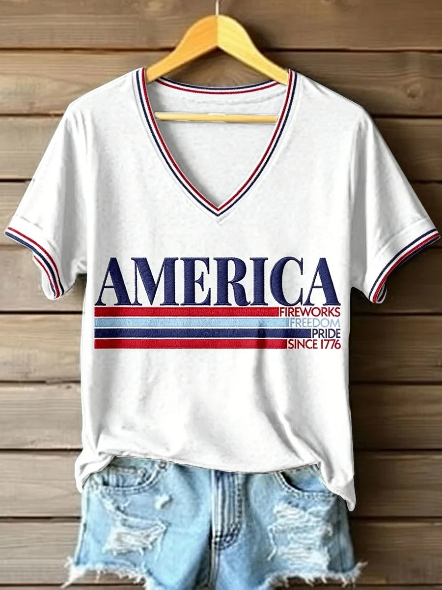 America Fireworks Freedom Pride Since 1776 V-Neck Shirt America's Birthday Merch Patriotic Gifts - Merchluma