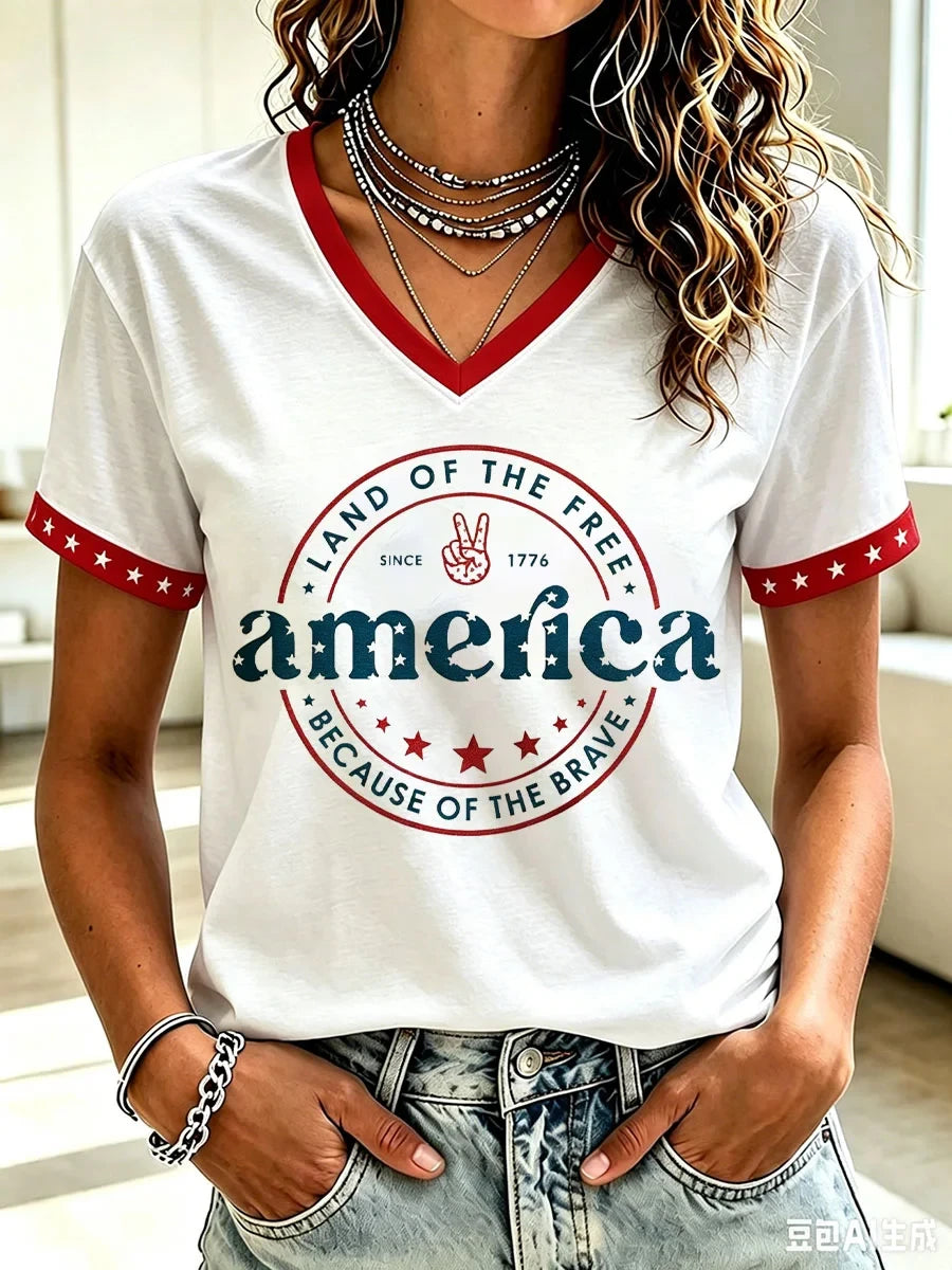Land Of The Free V-Neck Shirt Because Of The Brave Merch Gift For Patriotic Women - Merchluma