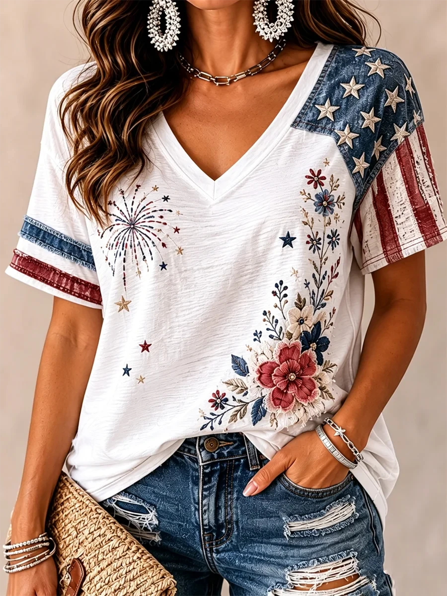 USA 1776 2026 Classy V-Neck Shirt Roses American Flag Clothes Gift Ideas For Sister - Merchluma