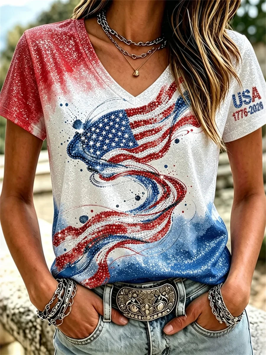 USA 1776-2026 American Flag V-Neck Shirt 250 Years Of America Merch Patriotic Gifts For Her - Merchluma