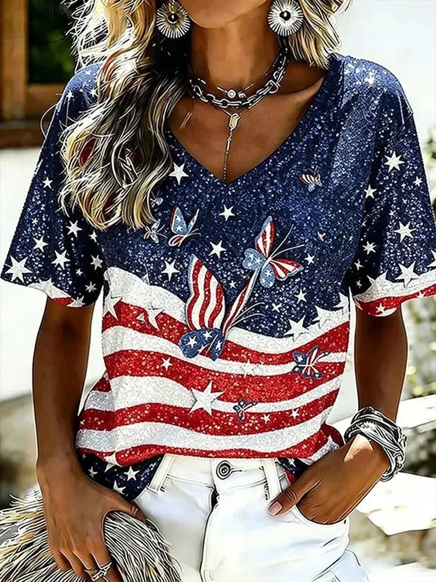 American Flag Heartbeat V-Neck Shirt 4th Of July Merch Gift For Patriotic Women - Merchluma