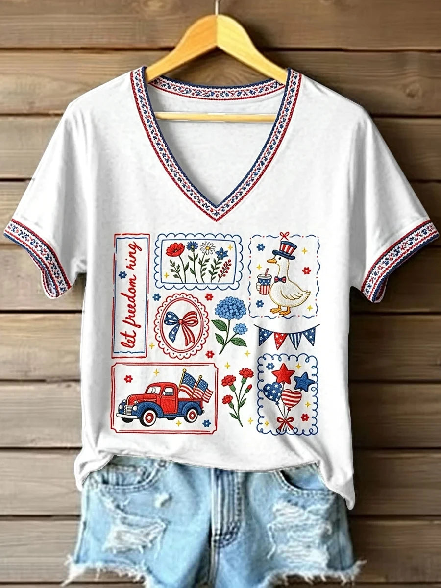 Let Freedom Ring V-Neck T-Shirt American Flag 1776-2026 Patriotic Clothing Best Gifts For Mom - Merchluma