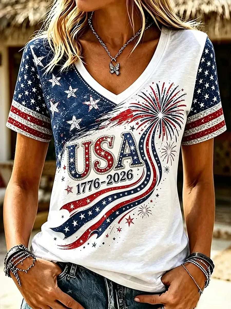 USA 250 Years Of Freedom V-Neck Shirt 1776-2026 America Shirt Presents For Mom - Merchluma