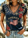 America 1776-2026 American Flag V-Neck Shirt Roses America Flag Shirt Best Gifts - Merchluma
